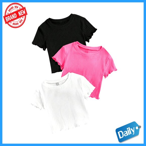 Girls 3-Pack Rib-Knit Crop Tees with Lettuce Trim Short Sleeve